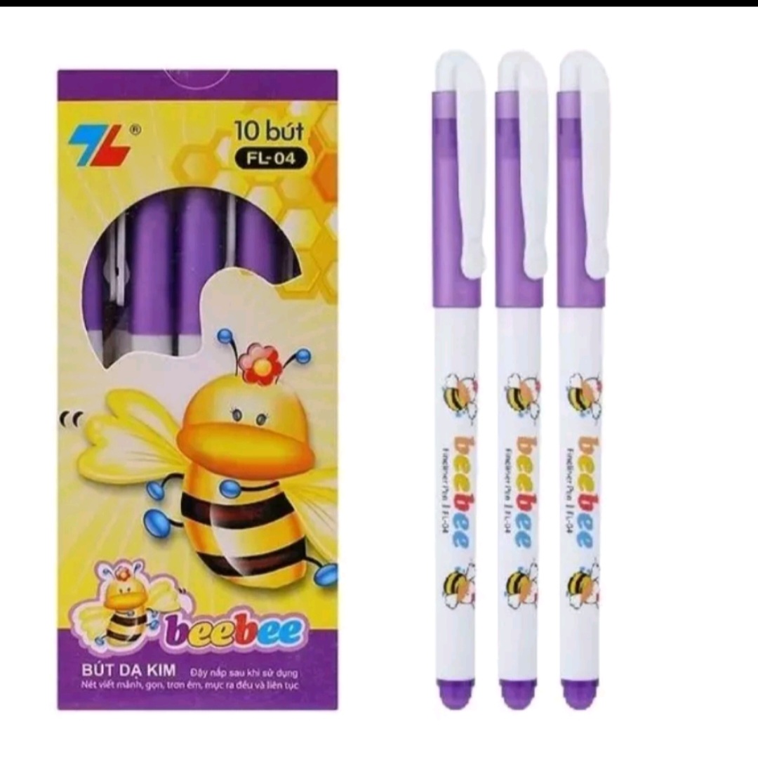Hộp 10 cây bút lông kim beebee FL04 TL, bút con ong mực tím