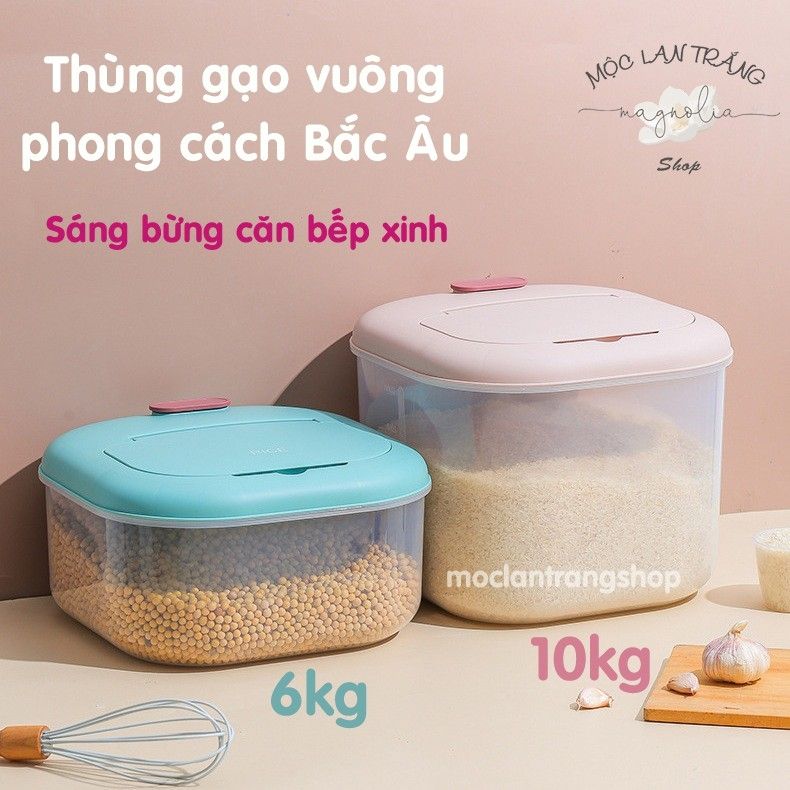 Thùng gạo vuông 6kg 10kg trong suốt thời trang phong cách Bắc Âu. Thùng đựng gạo 5kg, hộp đựng hạt cho mèo để đồ khô ngũ cốc đa năng