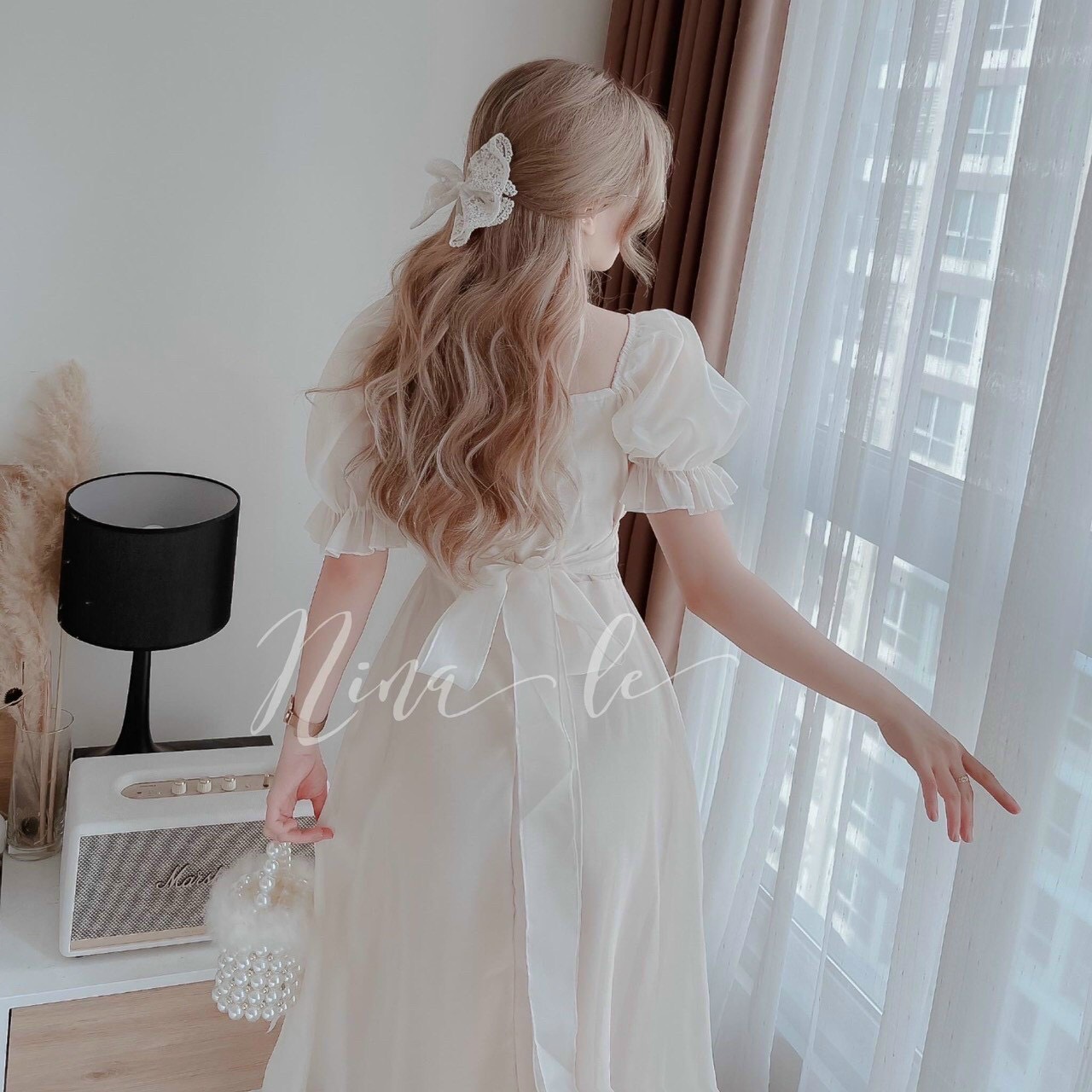 Đầm nữ tay phồng xếp ly ngực có mút-qc