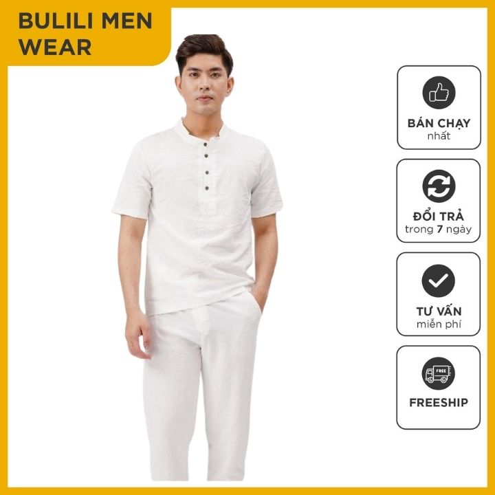 [FREESHIP + QUÀ TẶNG]Bộ Đũi Nam Quần Dài Áo Cộc Tay cổ tàu vải đũi thái đẹp cao cấp BULILI BD132