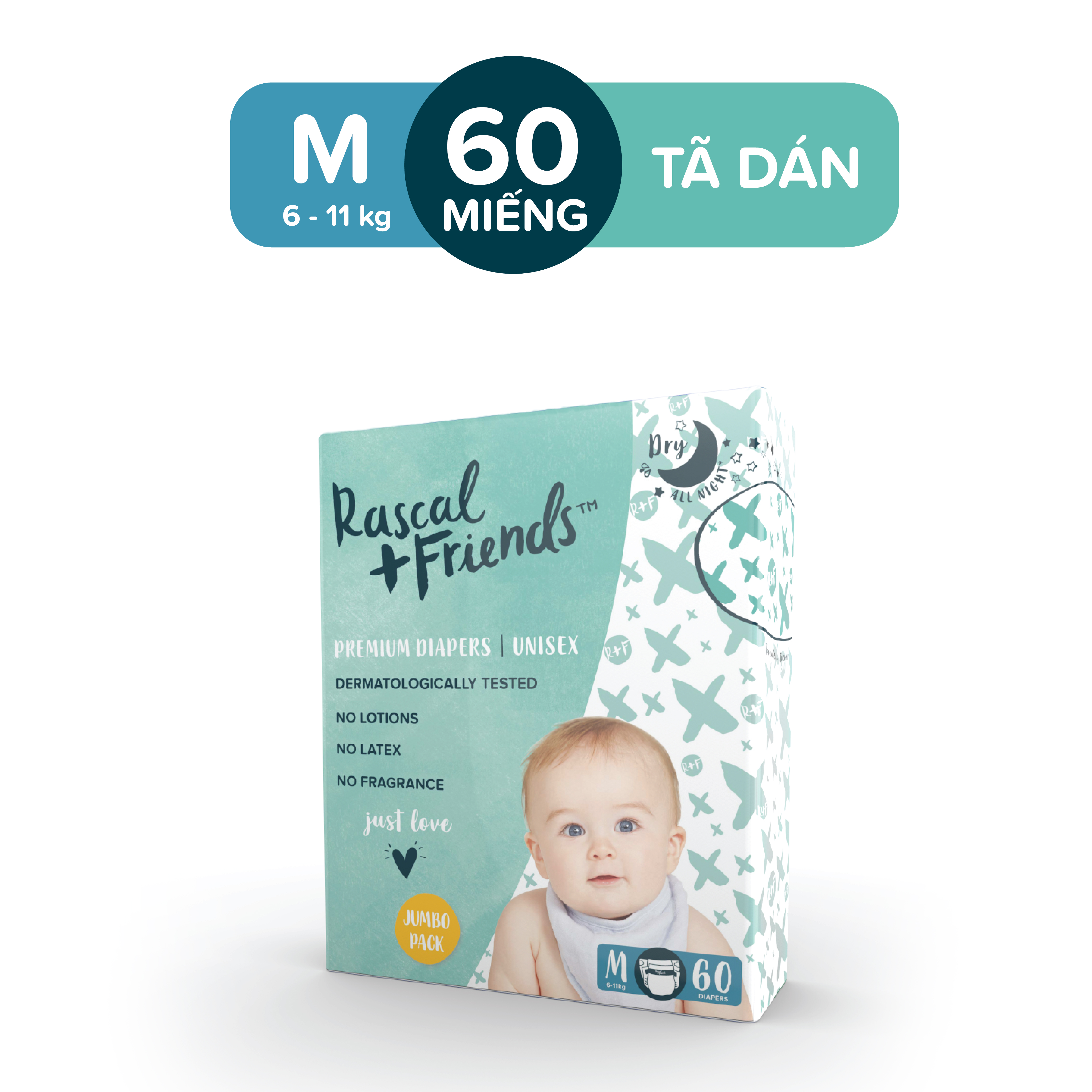 Tã/bỉm dán rascal & friends cho bé 6kg-11kg- size m 60 miếng