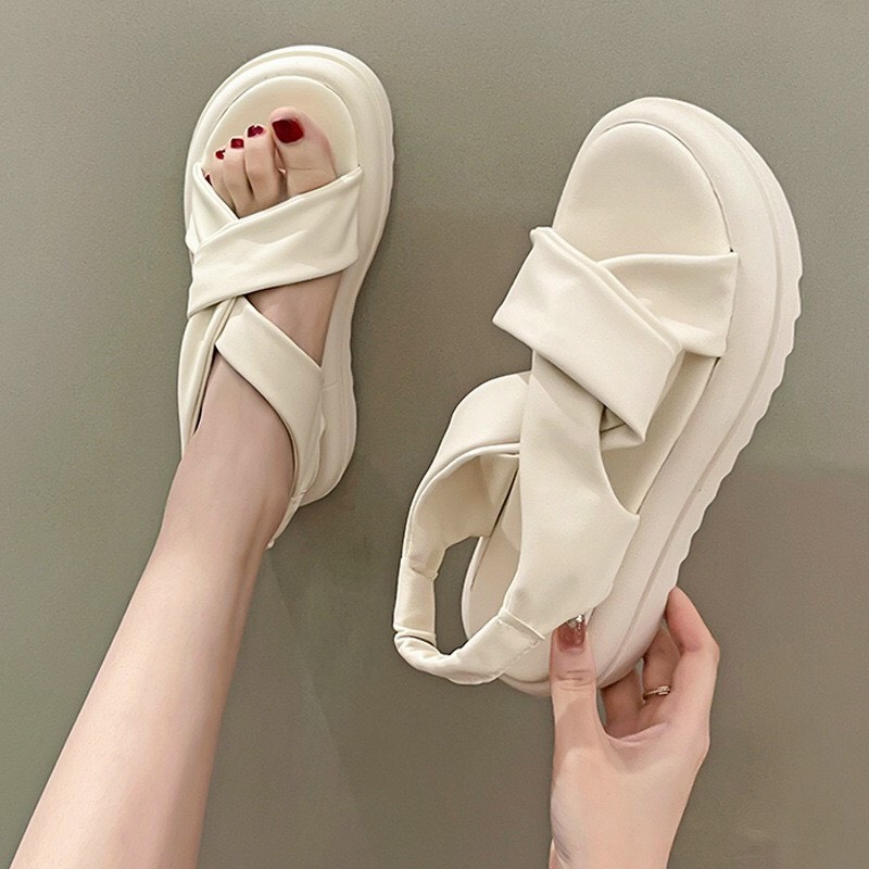 Dép sandal nữ quai da mềm đế đan chéo quai trun đế bự 4p