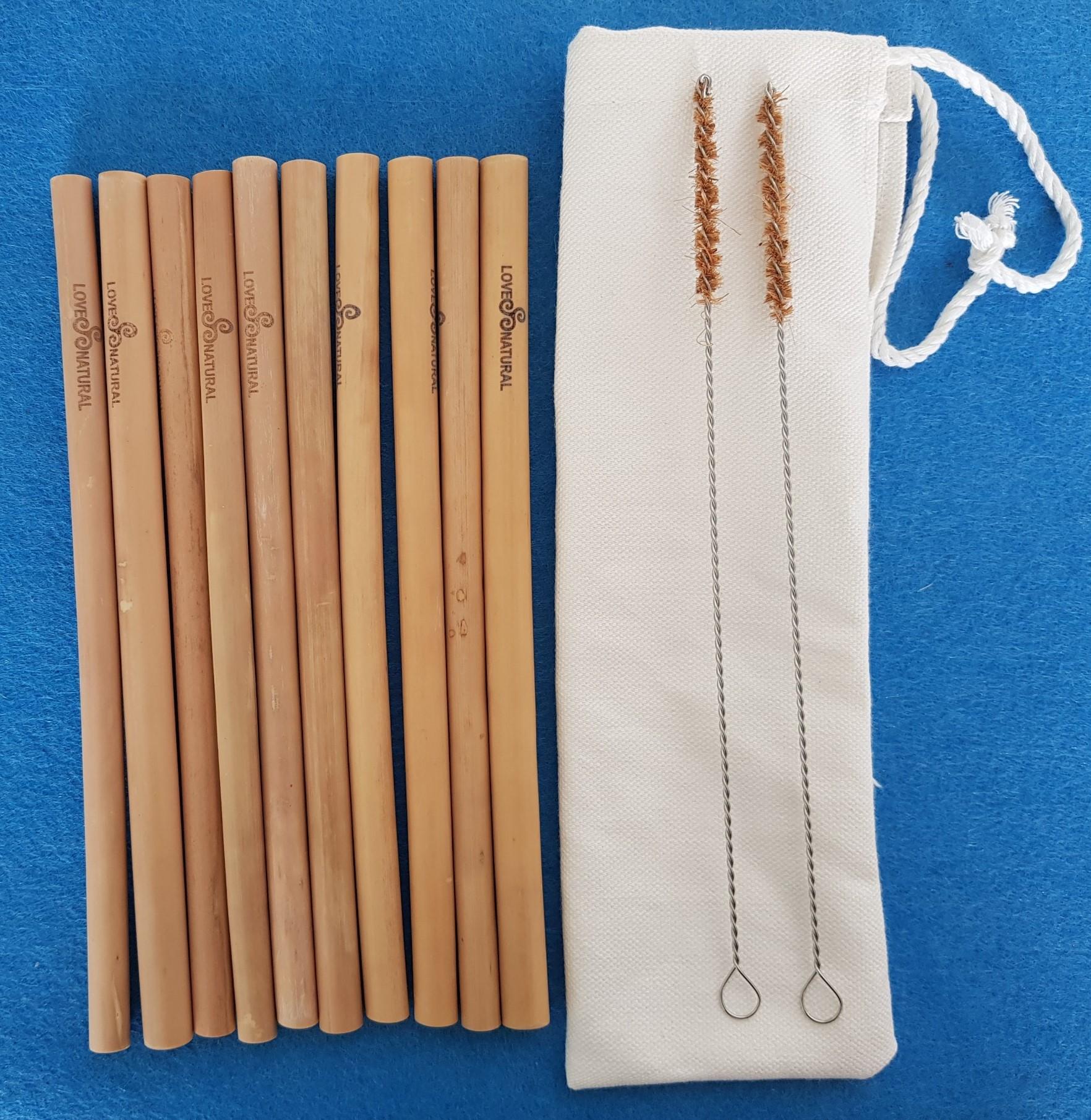 Combo ống hút tre gồm 10 ống hút + 1 túi canvas + 2 cọ sơ dừa