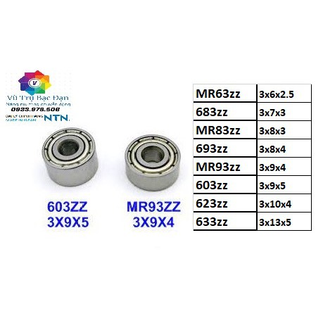 Vòng bi bạc đạn 683, 693, 603, 623, 633, 3x6x2.5, 3x8x3, 3x9x4 tq đầy đủ kích thước nhóm lỗ trục 3 ly/ 3mm