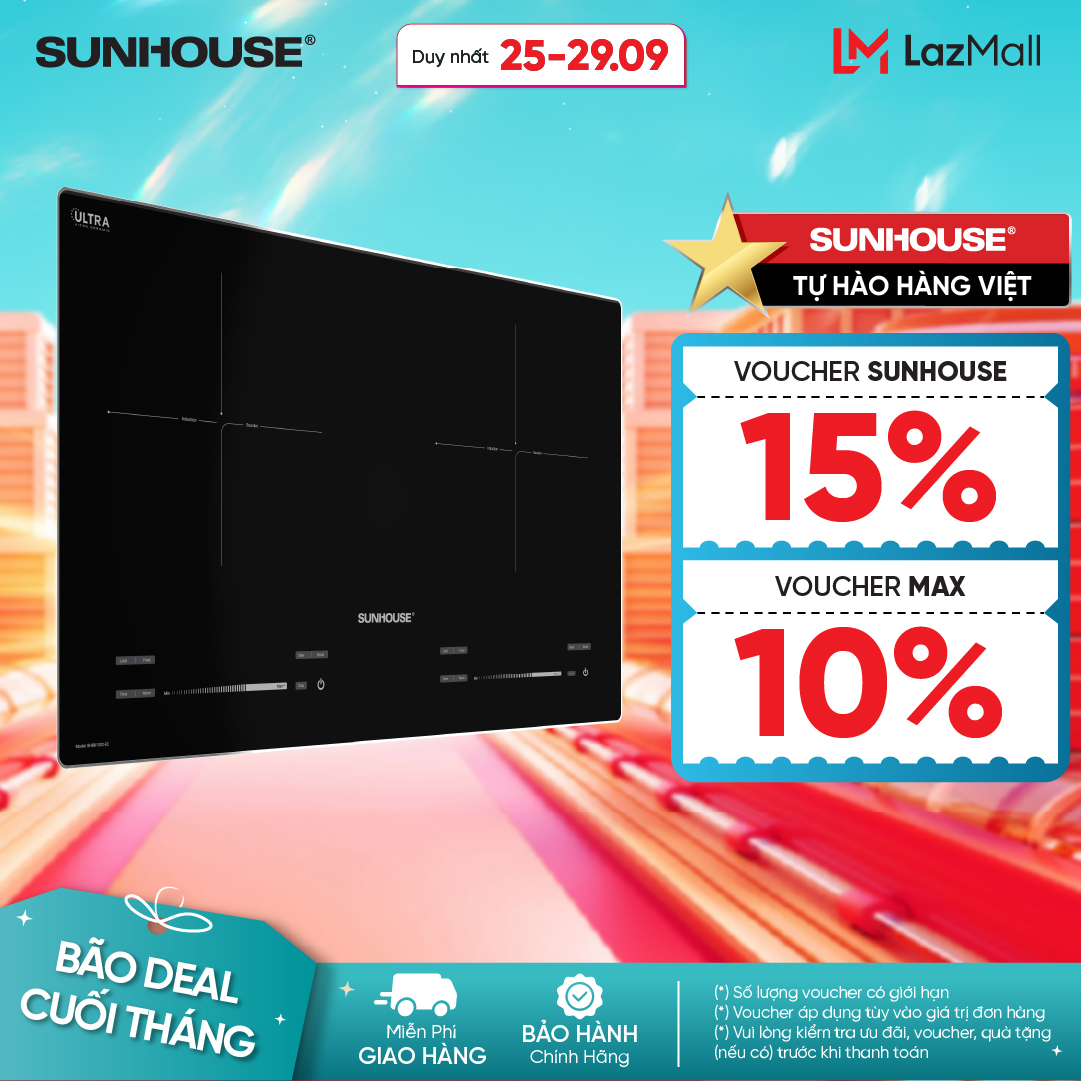 Bếp Đôi Điện Từ SUNHOUSE SHB81032-EC mặt kính cao cấp, chịu lực, chịu nhiệt tốt - Làm nóng nhanh Ti