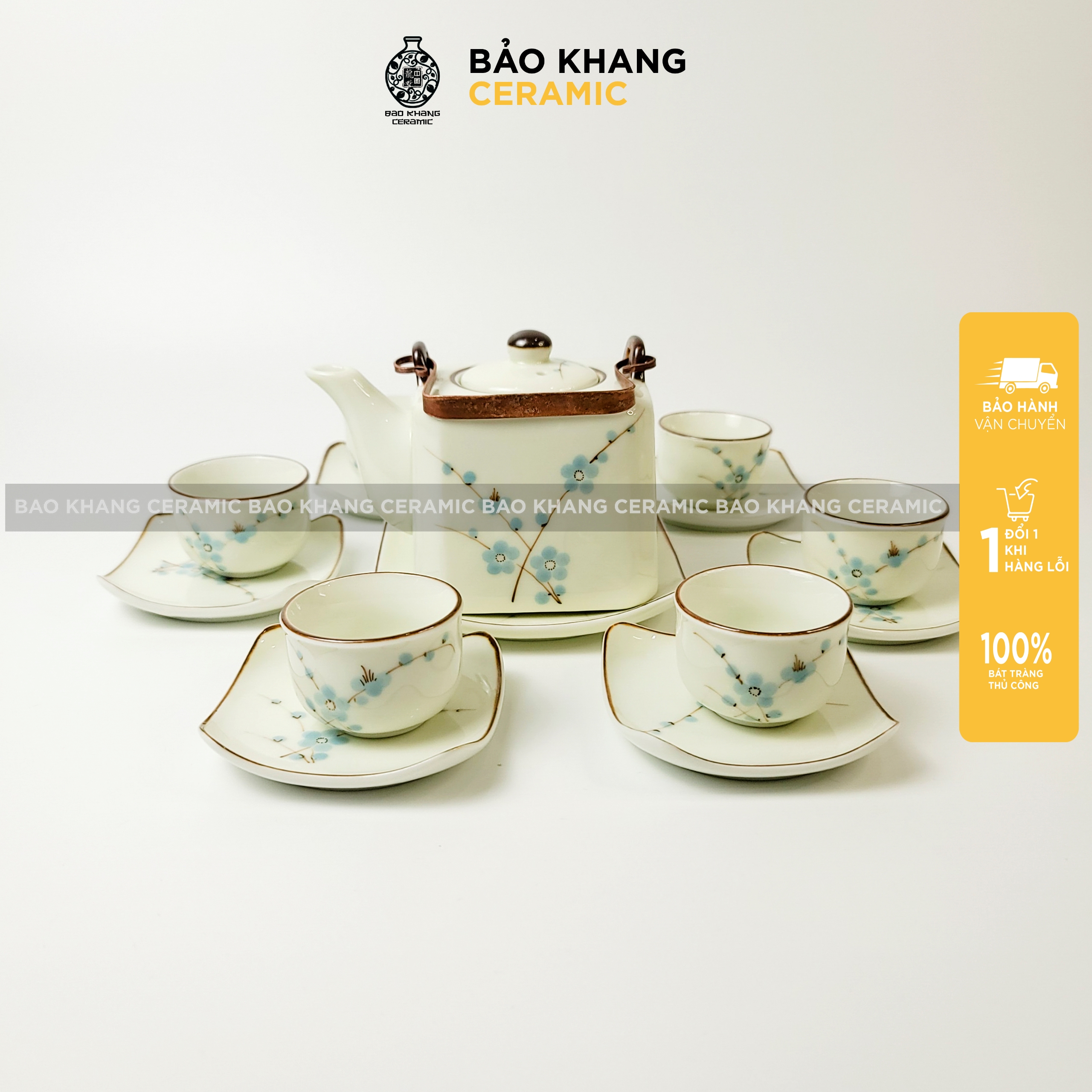Bộ Ấm Trà Ấm Chén Sứ Men Kem Hoạ Tiết Vẽ Tay Quai Đồng Tách Trà Sứ Bát Tràng Cao Cấp Nhiều Mẫu