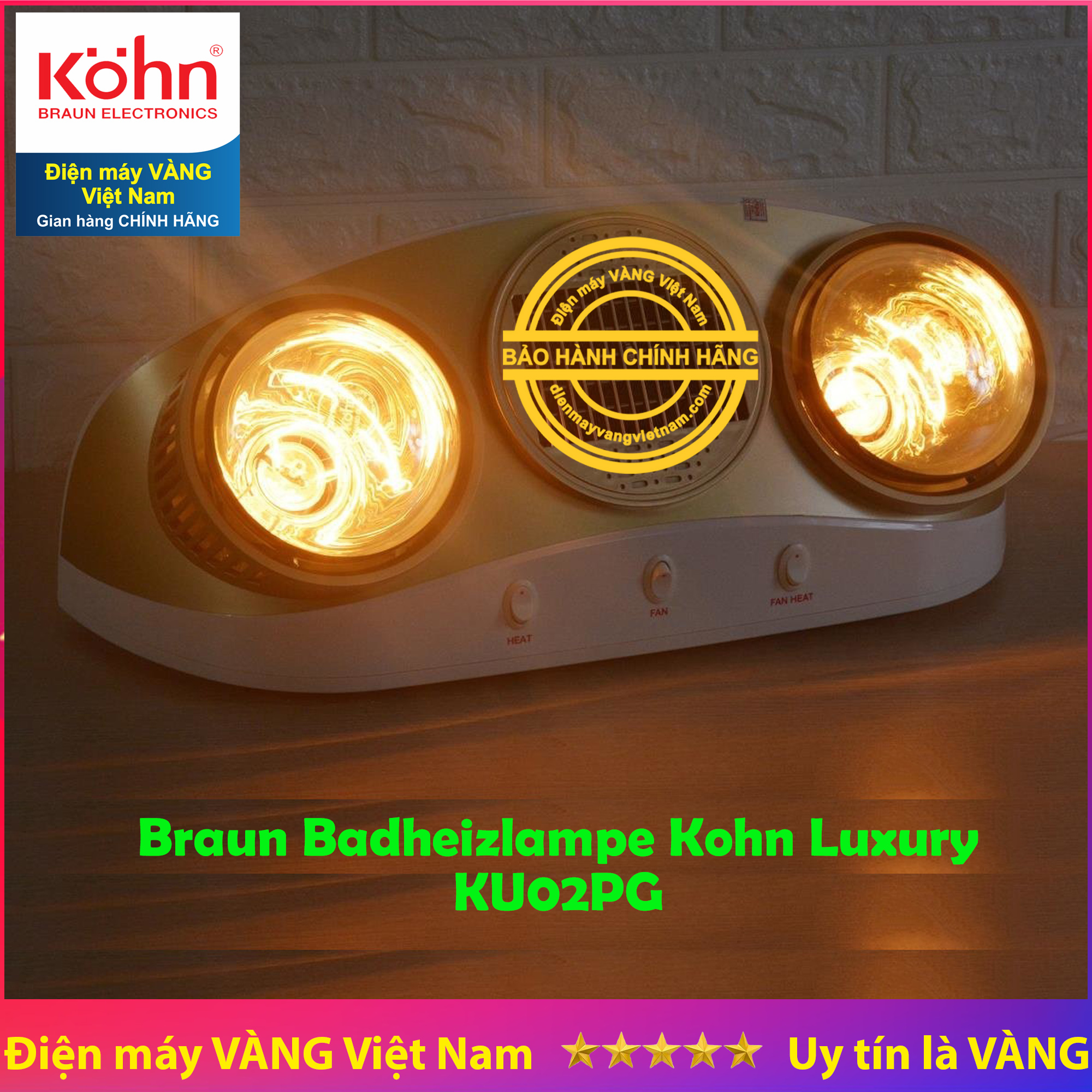 Đèn sưởi nhà tắm 2 bóng Braun Kohn Luxury KU02PG có quạt gió