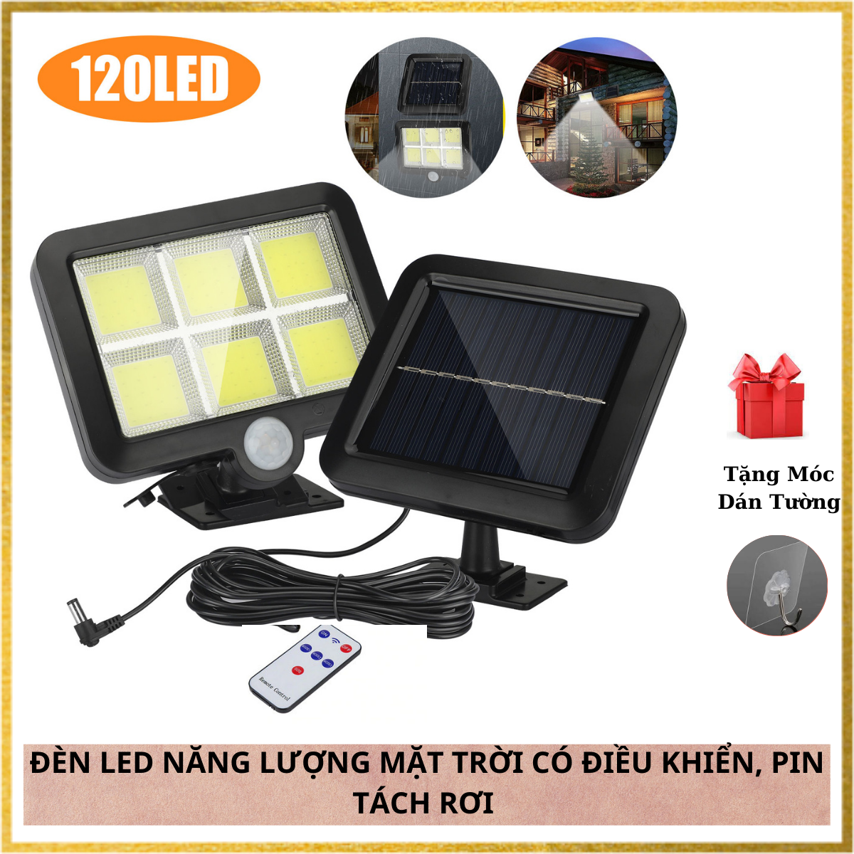 Đèn Led Năng Lượng Mặt Trời 120 LED Và 100LED COB Có "Điều Khiển Từ Xa",Pin Tách Rời, Cảm Biến Chuyển Động - 3 CHẾ ĐỘ SÁNG,Chống Nước Tuyệt Đối IP67