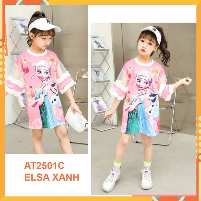 Đầm thun 3d xinh xắn bé gái hình elsa- at2501c