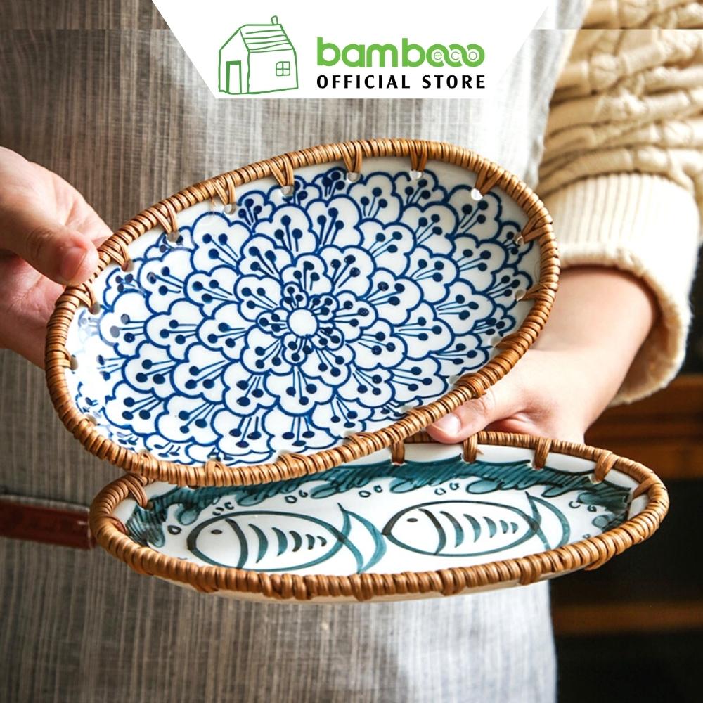 Đĩa gốm sứ viền mây đan BAMBOOO ECO phong cách Nhật Bản đựng mứt đựng đồ hạt khô BE103