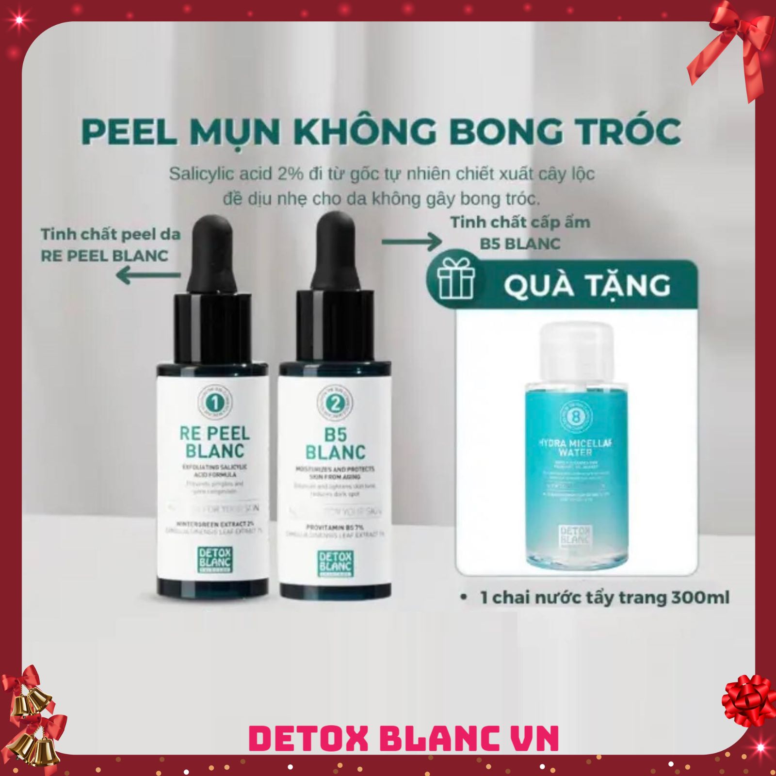 Combo peel da giảm mụn,trắng da thu nhỏ lỗ chan lông tặng nước tẩy trang Detoxblanc 300ml