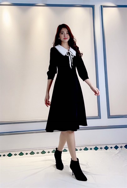 Đầm dạ nhung phổi cổ trắng - đen mila 20dk154de