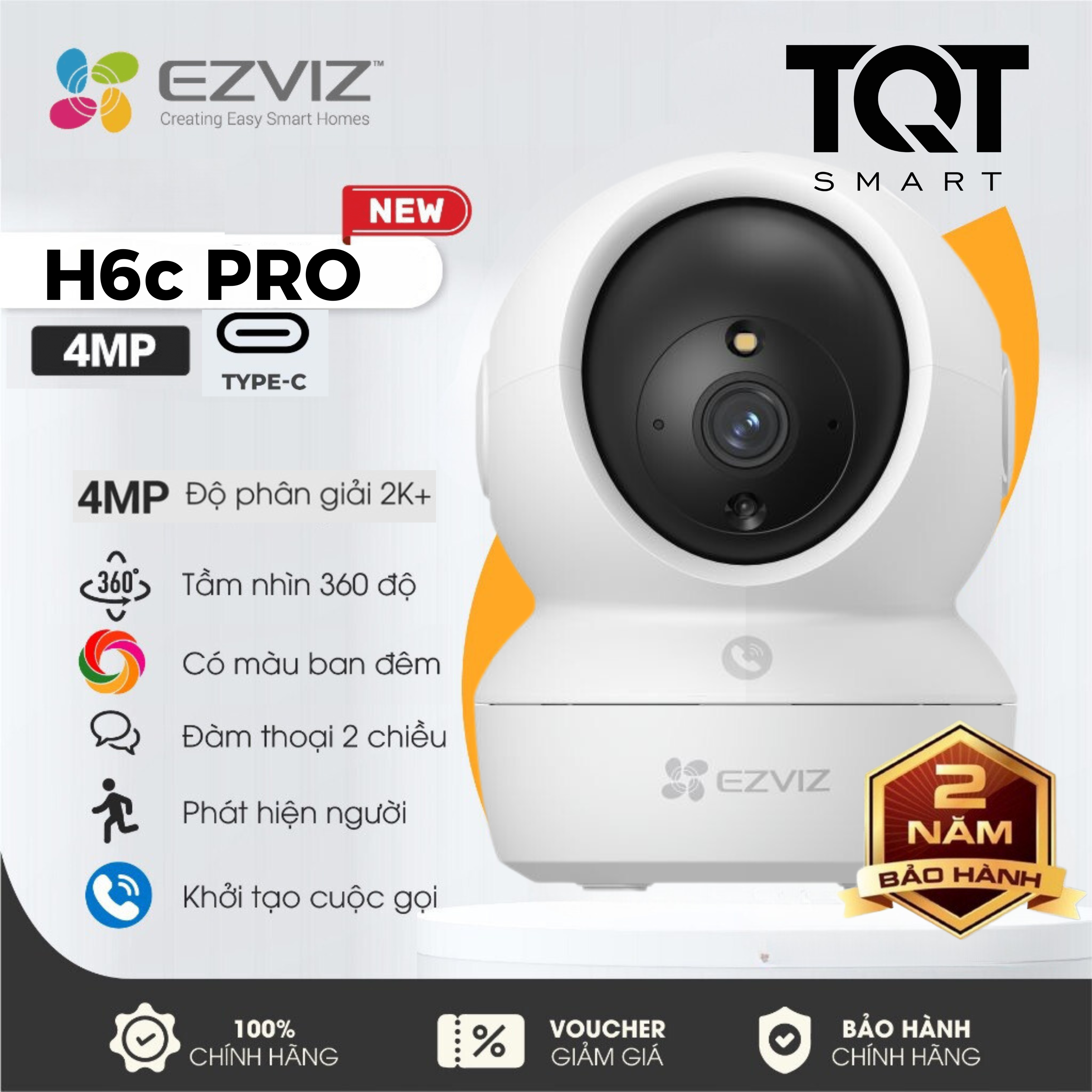 Camera Wifi Ezviz H6C PRO 2K 4MP Trong nhà Đàm Thoại 2 Chiều Có Màu Ban Đêm 1 Chạm Để Gọi Điện Từ Camera Qua App Xoay 360 Độ Báo Động Chống Trộm Bảo Hành 2 Năm TQT SMART