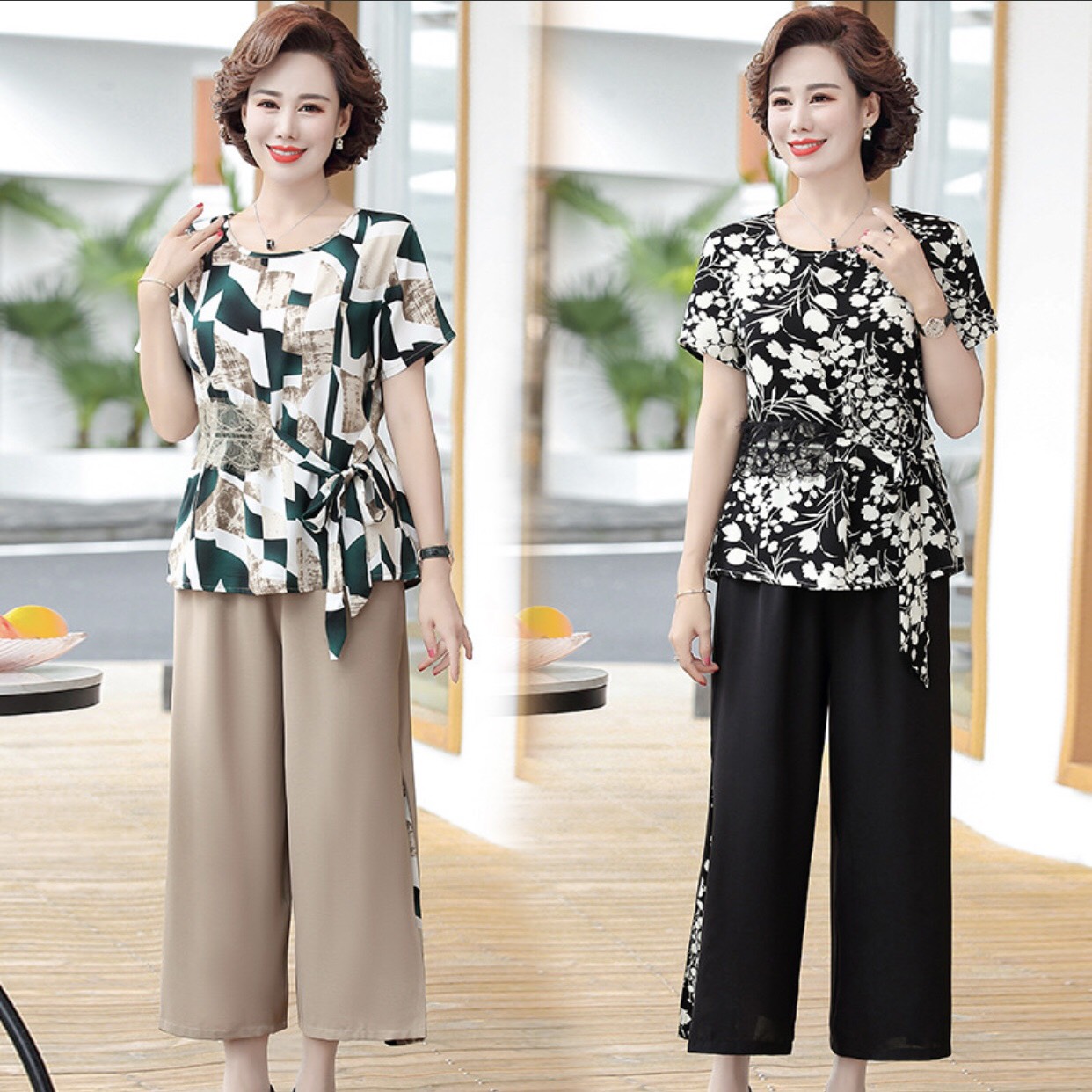 Đồ bộ trung niên tay ngắn quần dài, set bộ trung niên cao cấp áo chất lụa quần đũi cao cấp