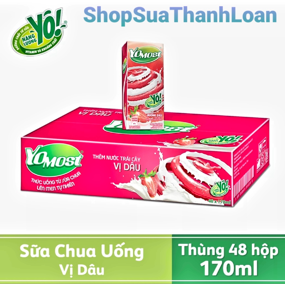 (HSD T12-2024) Thùng 48 Hộp Sữa chua uống YoMost hương Dâu 170ml/hộp.