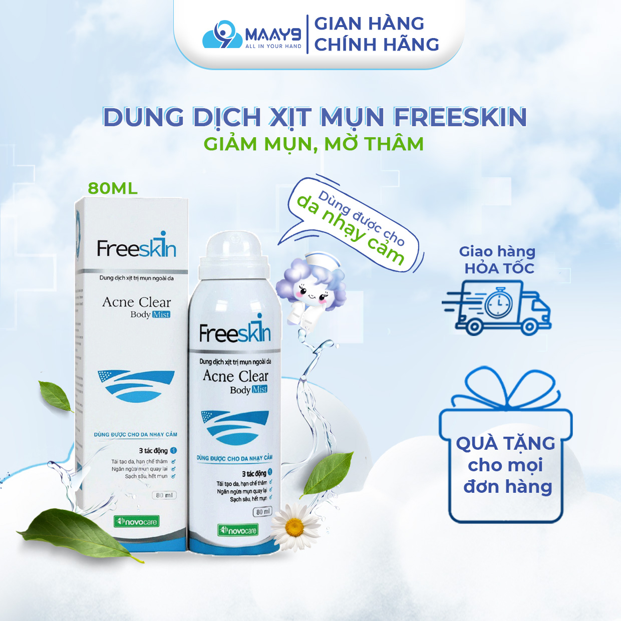 Xịt mụn lưng Novocare Freeskin giảm mụn cơ thể, mờ thâm, giảm viêm nang lông, giảm sưng mụn, dưỡng da sau mụn 80ml