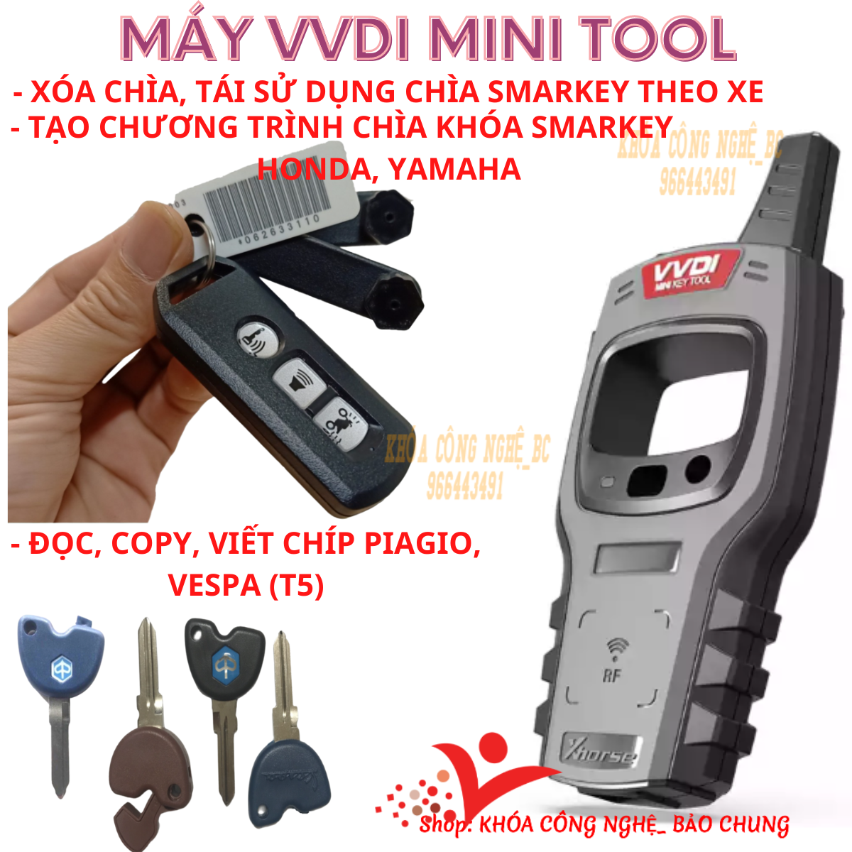Máy vvdi mini keytool đọc, viết copy chíp ô tô, xe máy piagio, xóa chìa, tạo chìa smarkey xe máy, ô tô