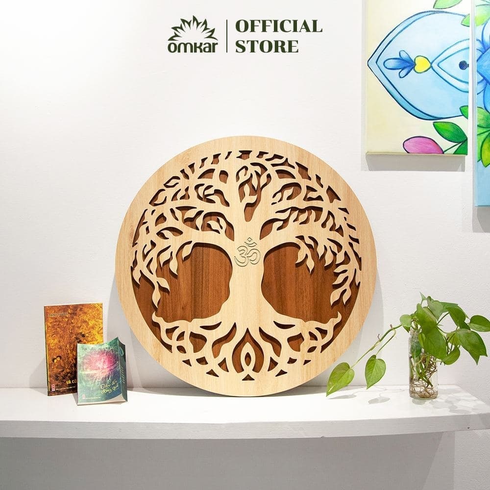 Tấm gỗ điêu khắc treo tường trang trí Cây Đời Tree Life Omkar trang trí nhà cửa size 60, 80, 120cm