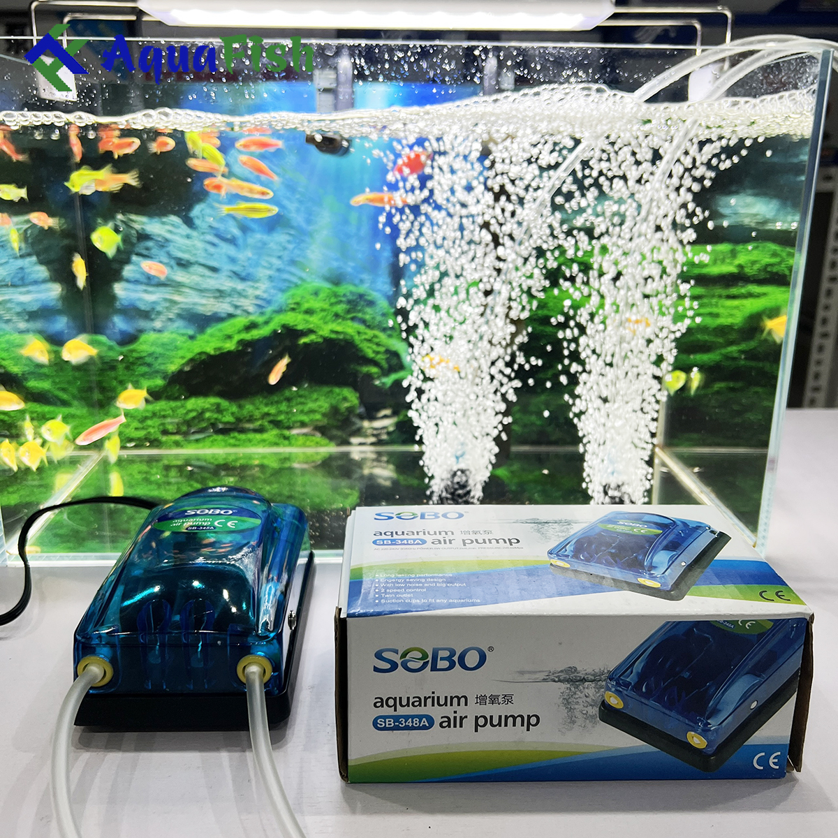 Máy sủi oxy 2 vòi, máy sục oxy bể cá Sobo SB-348a (máy sủi khí oxy khỏe, bền, tặng kèm 2 bộ dây quả sủi)