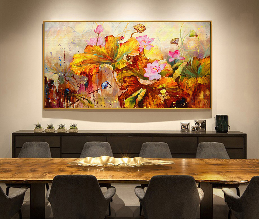 Tranh treo tường hoa sen phong cách sơn dầu in trên canvas có khung, trang trí phòng khách, phòng ngủ (#10469068)