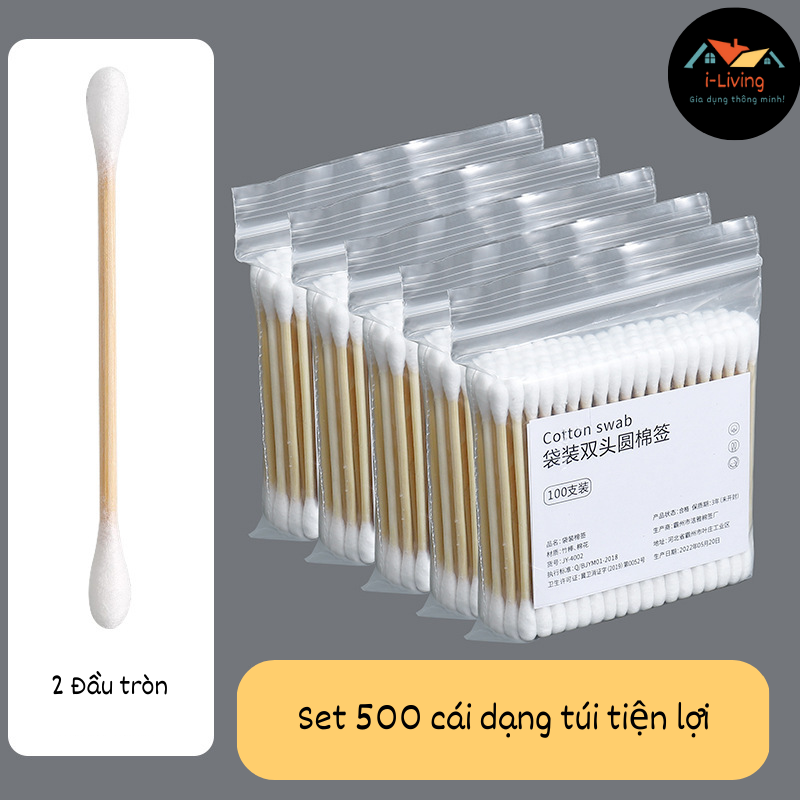 Set 500 Bông ngoáy tai, Bông tăm người lớn - Thân tre, Bông 2 đầu mềm mại & tiện lợi, An toàn cho da!