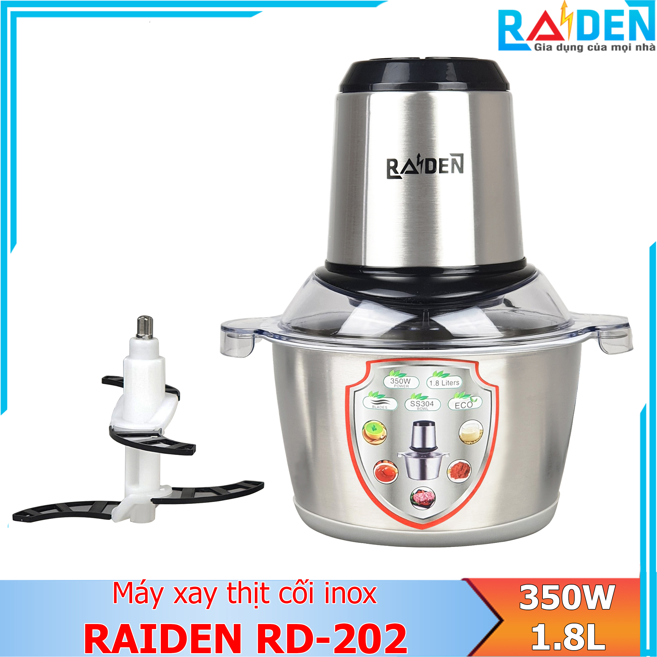 Máy xay thịt 350w cối inox 304 dung tích 1.8l raiden rd-202