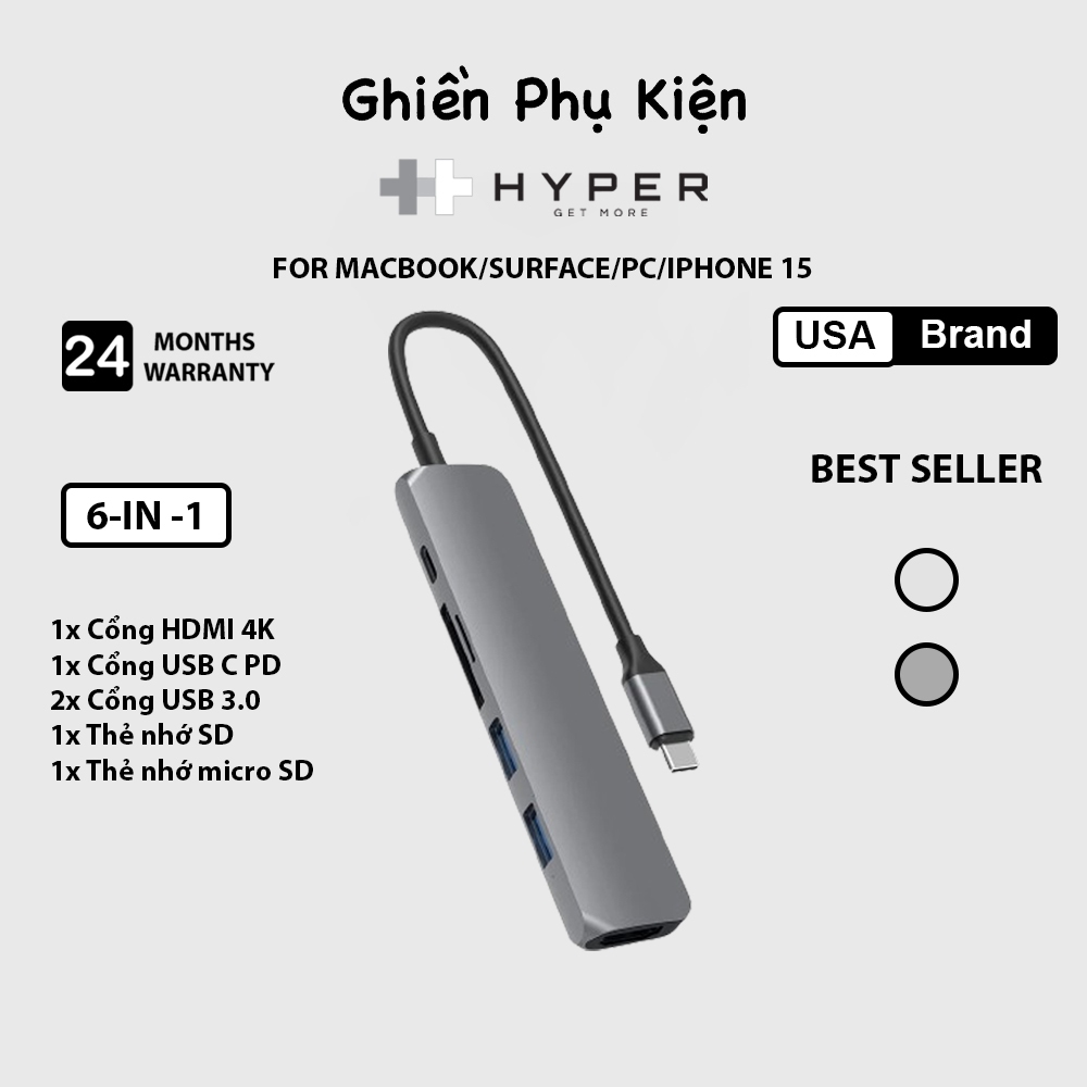 Cổng Chuyển HyperDrive Bar 6IN1 For Macbook/Surface/PC/iPhone 15 - HD22E