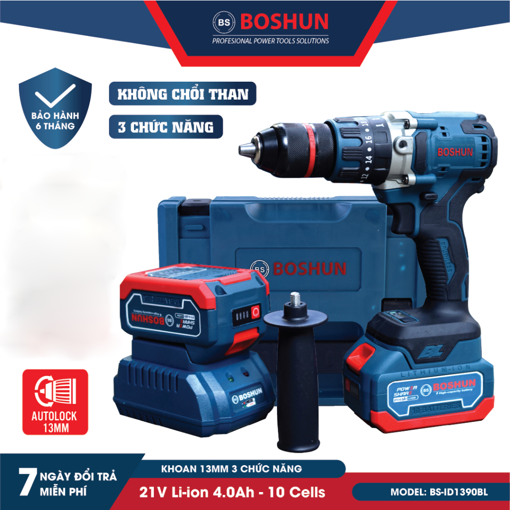 [Có tay cầm] Máy khoan pin boshun 13mm BS-ID1390BL Không chổi than, có autolock ruột đồng 100%