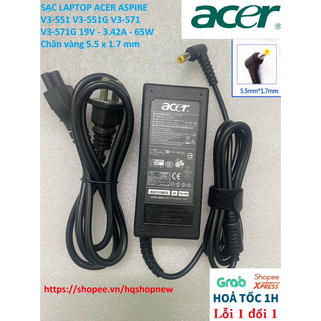 ️ SẠC LAPTOP ACER ASPIRE V3-551 V3-551G V3-571 V3-571G 19V - 3.42A - 65W Chân vàng 5.5 x 1.7 mm