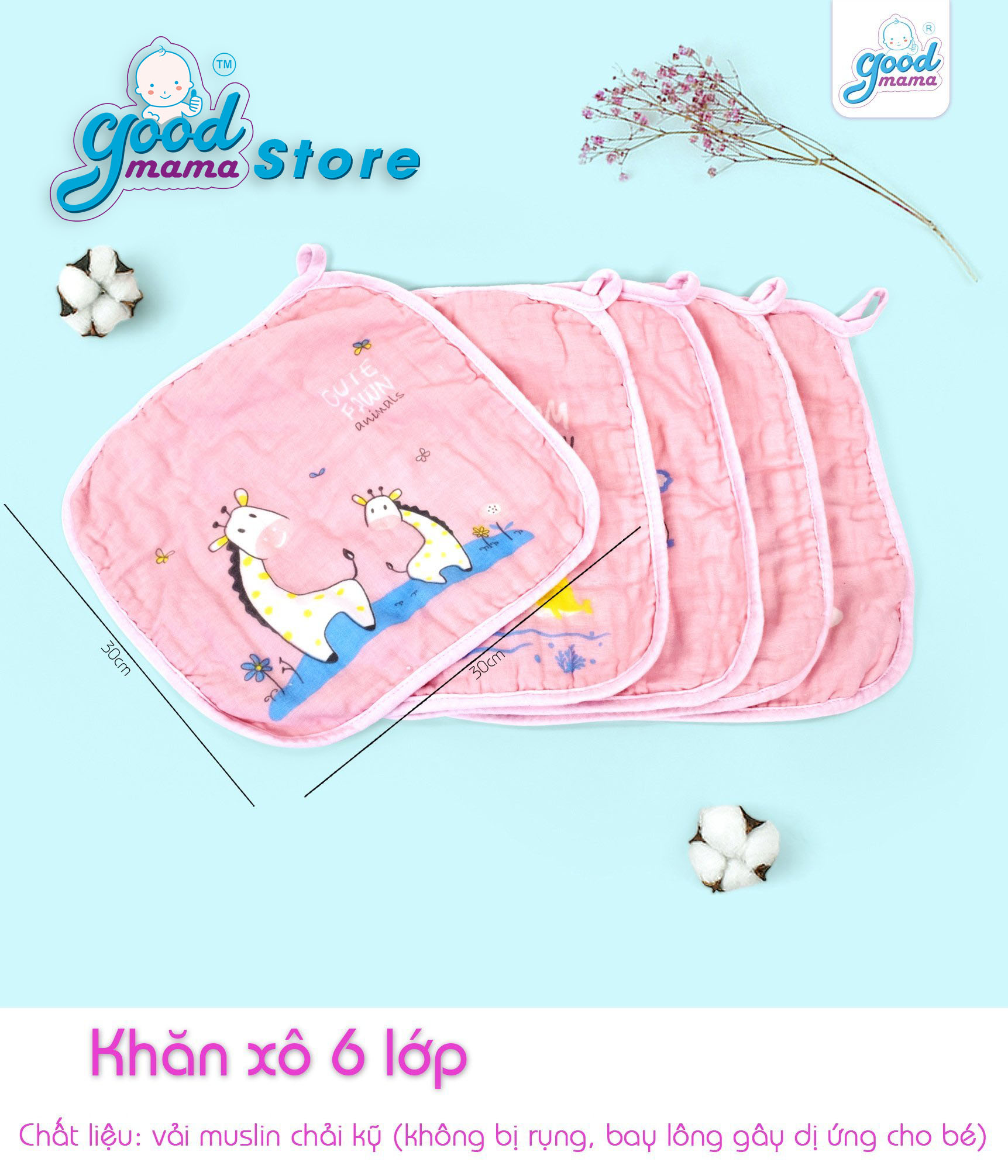 5 cái khăn xô - khăn sữa goodmama 6 lớp: 30x30 cm