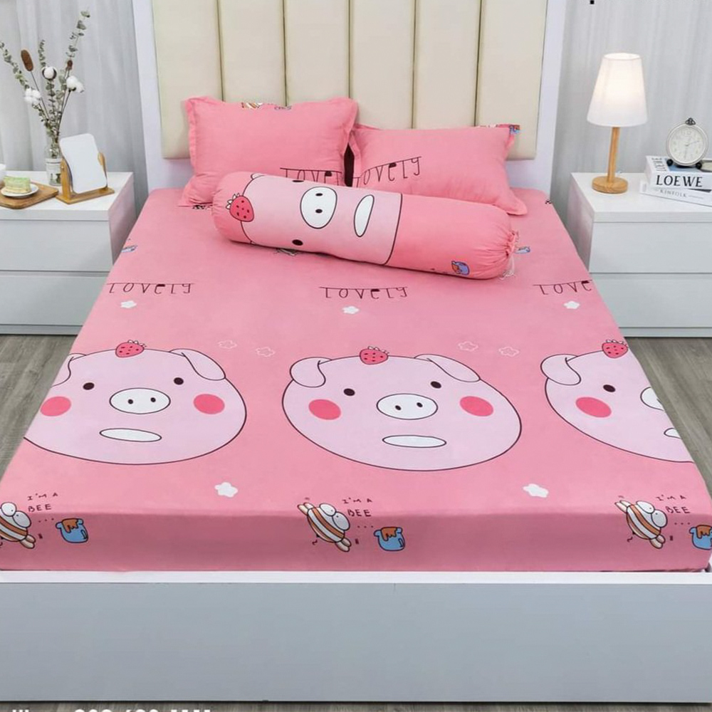 Bộ Ga Gối 3 Món Cotton Poly Màu Hồng Hình MẶT LỢN HỒNG Dễ Thương Nhiều Kích Thước M2/M6/M8/2M2
