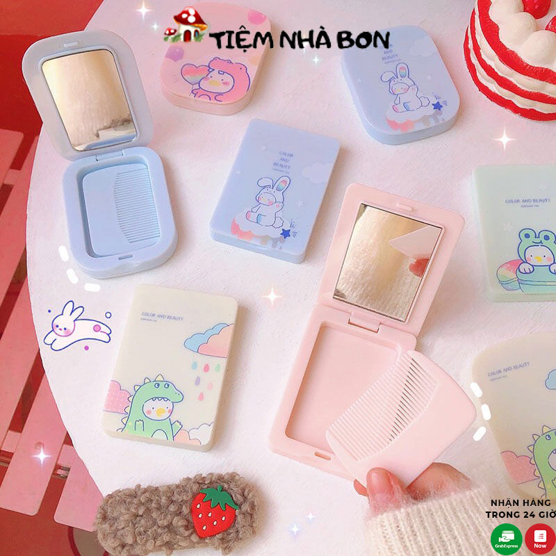 Gương trang điểm kèm lược gấp gọn bỏ túi tiện lợi, Gương mini cầm tay họa tiết dễ thương nhiều mẫu
