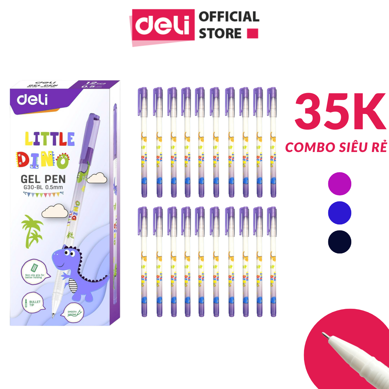 [SIÊU RẺ - VOUCHER giảm 25k] Hộp 20 Cây Bút Gel Mực Tím Học Sinh Deli 0.5mm mực Xanh/Đen - Chất lượng mực an toàn viết trơn tru, thân bút trang bị đệm tay chống trượt - EG30/CG30