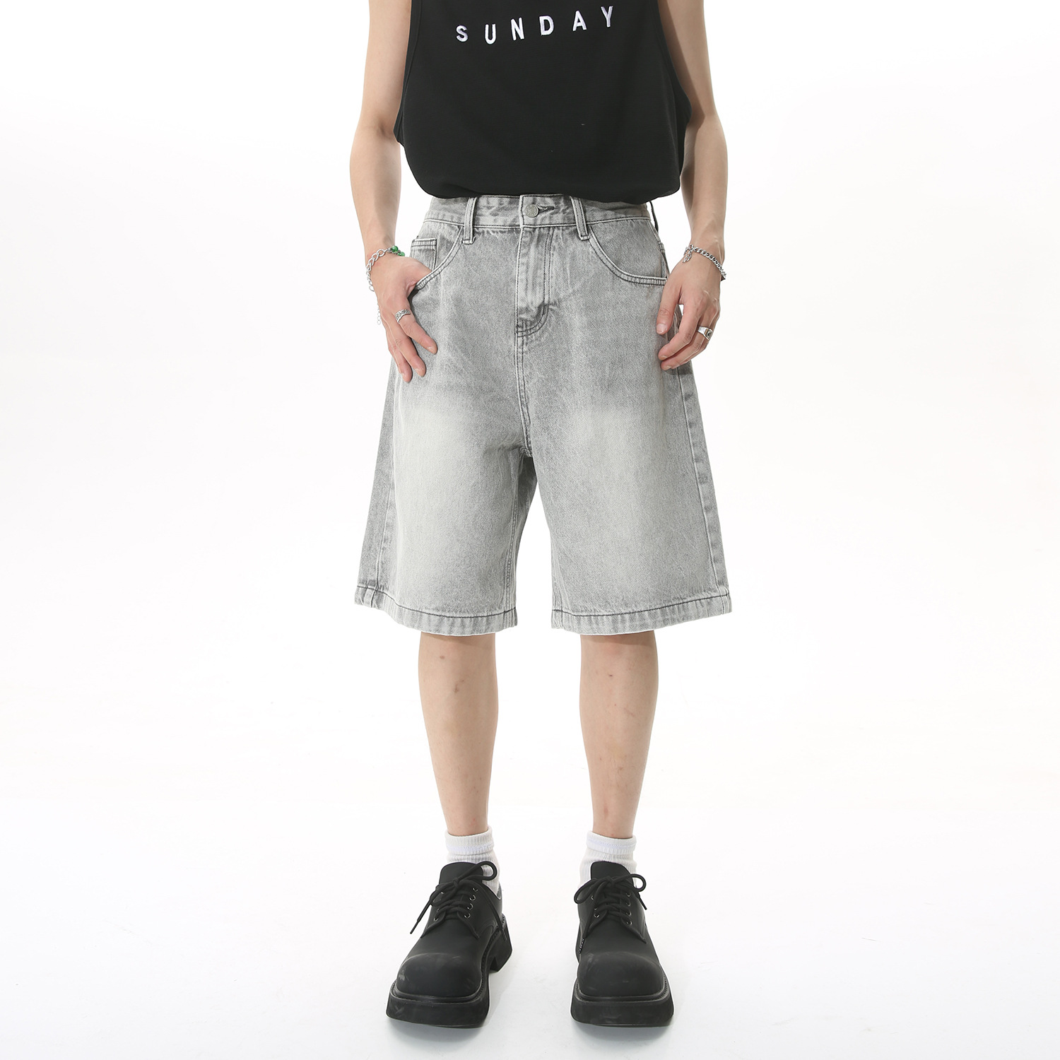 2023 Sản Phẩm Mới Mùa Hè Quần Short Denim Cạp Cao Vừa Và Cao Phong Cách Hồng Kông R Ống Rộng Rộng Rãi Năm MK-1