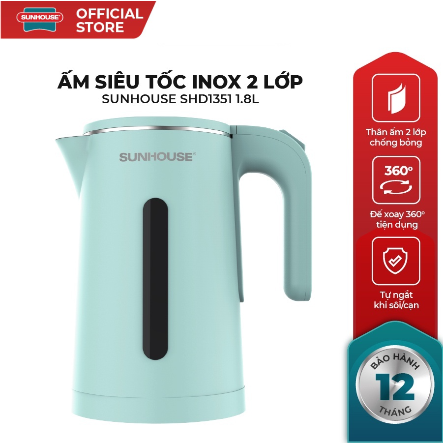 Ấm siêu tốc , Bình đun inox 2 lớp 1.8L SUNHOUSE SHD1351/1355/1353 ,  bình đun siêu tốc  bảo hành 12 