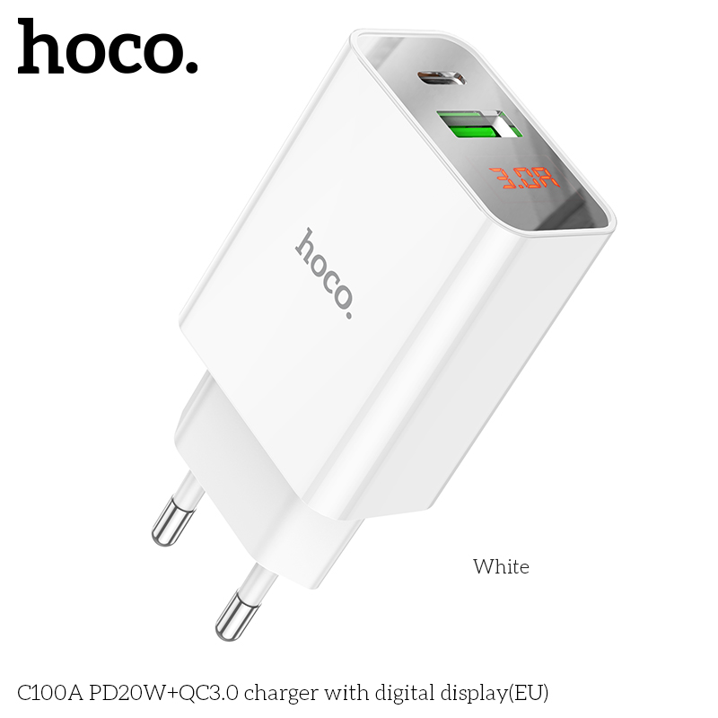 Cốc sạc nhanh 2 cổng typec và usb hoco c100a pd 20w qc3.0 có led báo dòng điện