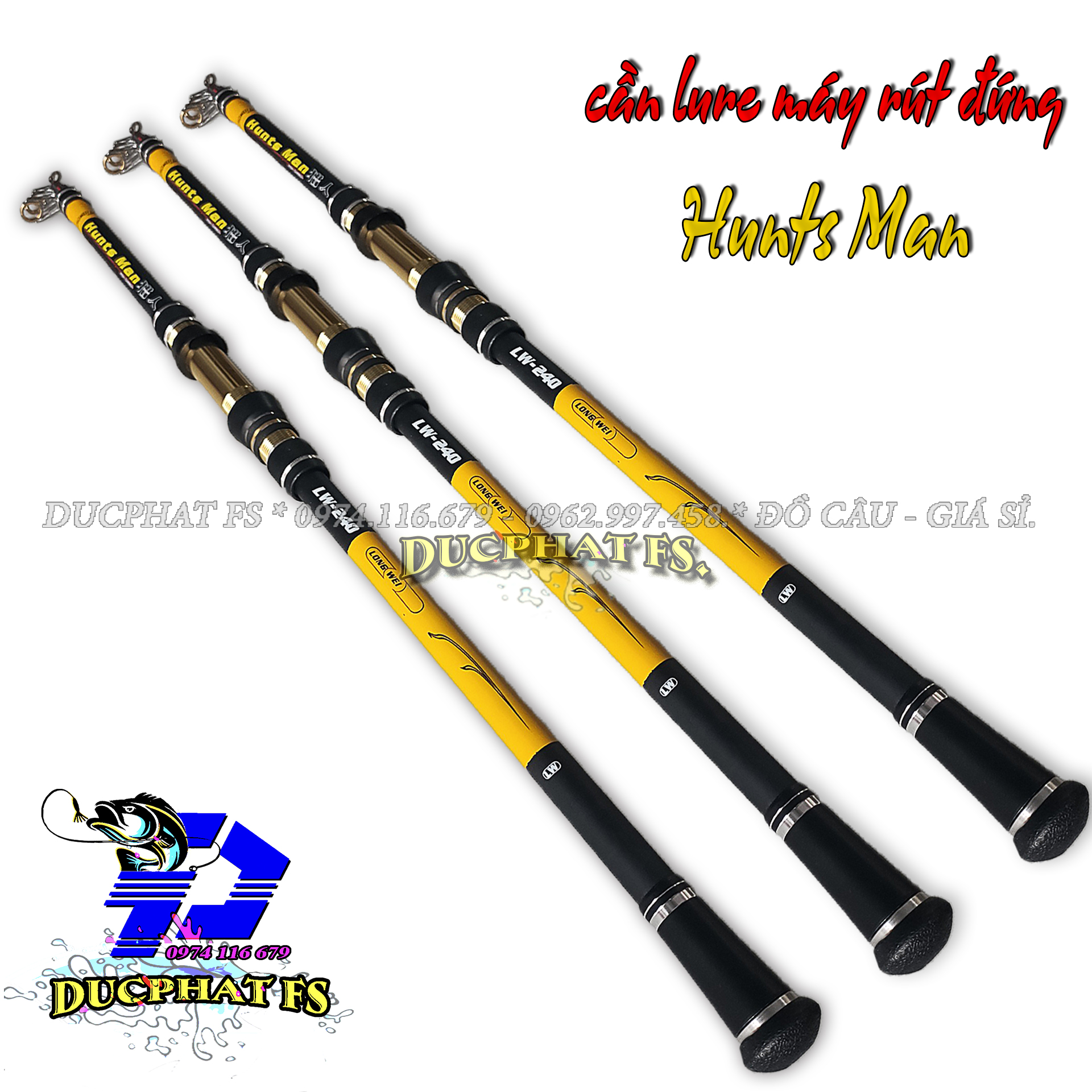 Cần câu lure máy rút huntman, cần câu cá, cần câu lancer cao cấp.
