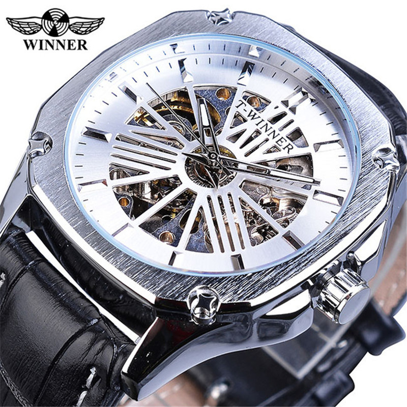 ⌚đồng hồ nam tự động thời trang t-winner dây da đồng hồ cơ lộ máy màu vàng đồng hồ thể thao nam relogio masculino