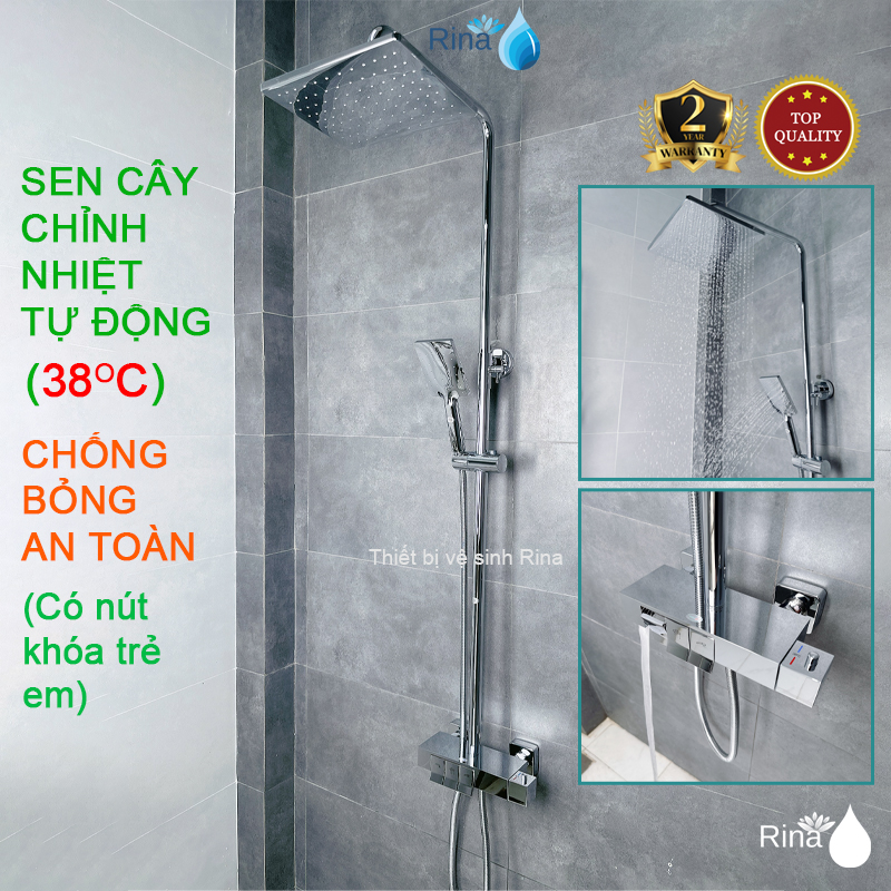 ĐỒNG THAU SIÊU BỀN Bộ vòi hoa sen cây tắm đứng nóng lạnh đồng thau tự chỉnh nhiệt độ 38 độ C 3 chế độ nước tắm sảng khoái Rina RN2812 chất lượng cao