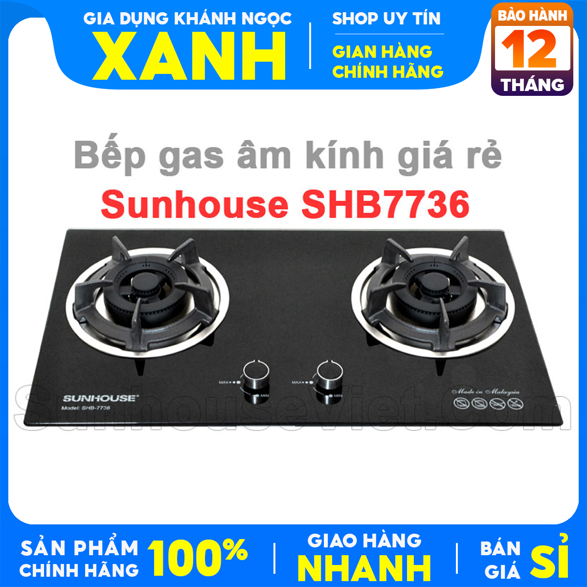 Bếp gas âm sunhouse shb7736 chính hãng 100% tặng dây gas ,đánh lửa ic nhạy bén. hệ thống ngắt gas tự động an toàn- bảo hành 12 tháng