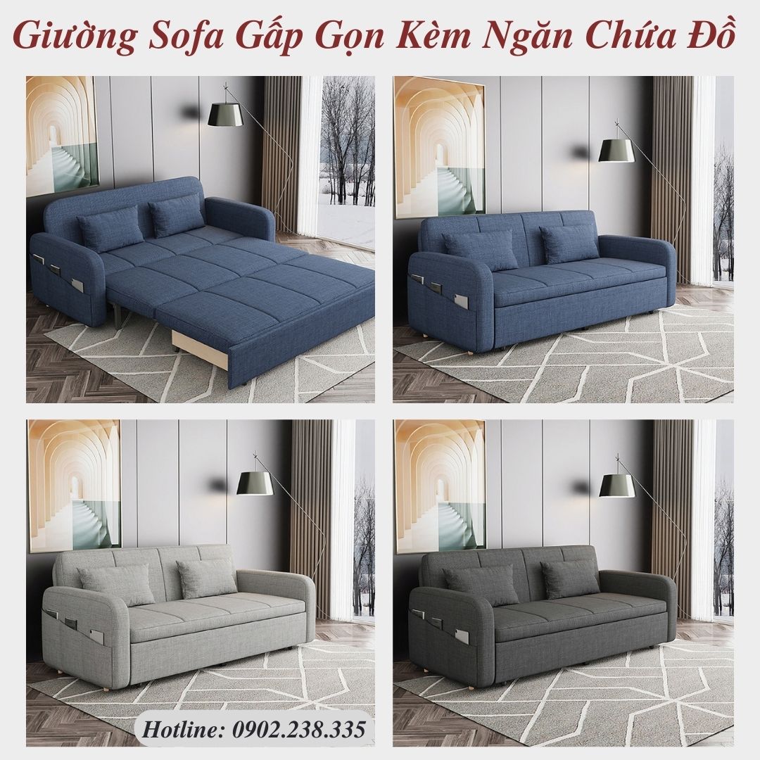 Giường sofa gấp gọn kèm ngăn chứa đồ tặng kèm gối tựa, sofa giường đa năng nhiều kích thước