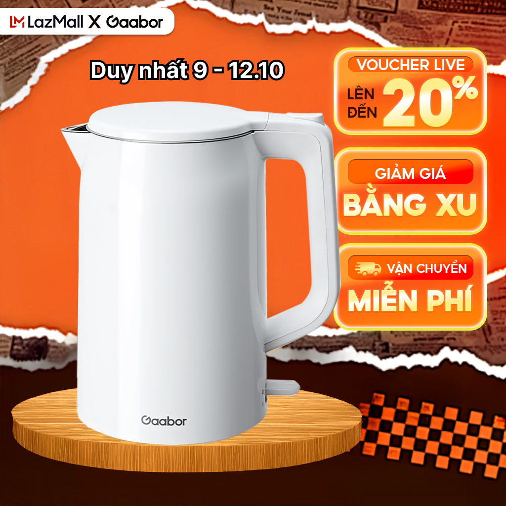 FLASH SALE Ấm đun siêu tốc 2L INOX 304 nguyên khối Gaabor EK20M-WH01A bình đun nước siêu tốc màu trắng nhựa cách nhiệt an toàn sôi nhanh - Bảo hành 12 tháng 1 đổi 1