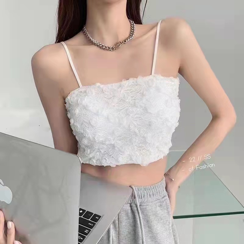 Áo bra ren 2 dây dáng croptop có mút ngực ren hoa hồng - AK2044 SEED