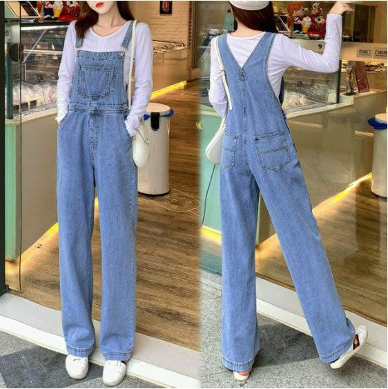 Quần yếm jean dài suông ống rộng