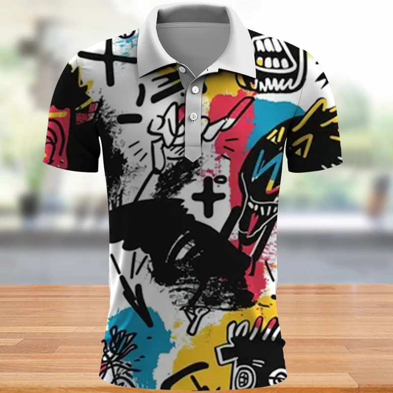 COD COD Áo polo nam in tàu mặt svỡ cổ kính, thời trang đường phố hàng ngày, Áo Polo Cổ Tích Tay Bạc Bạc - 5