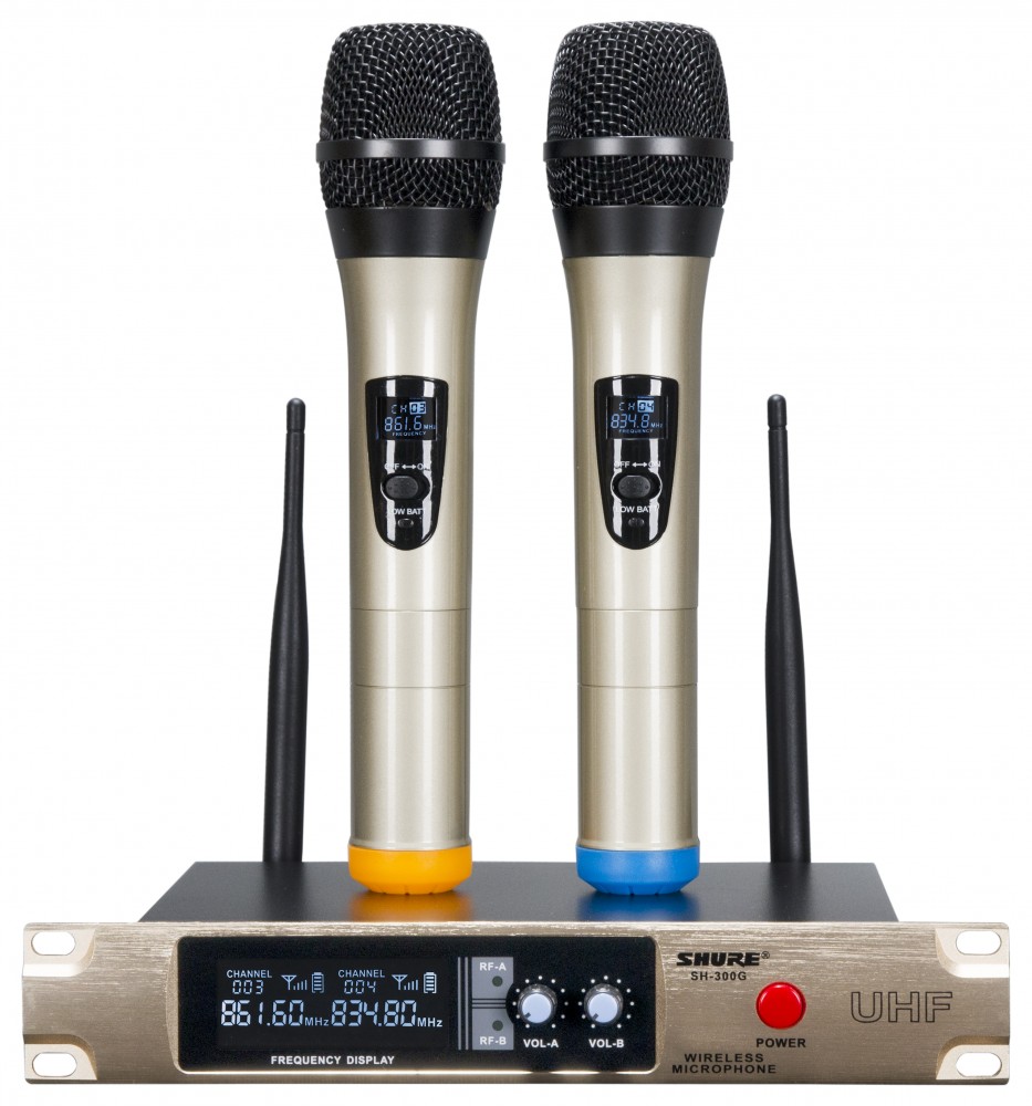 [Giá Hủy Diệt Miễn Ship] Mic Hát Karaoke, Bộ 2 Micro Không Dây Và Đầu Thu SHURE SH-300G, Bộ 2 Micro Không Dây Vàng SHURE SH-300G Âm Thanh Cực Hay, Chống Nhiễu Chuyên Nghiệp, Sóng Mạnh, Âm Thanh Trung Thực, Trong Trẻo, Thiết Kế Sang Trọng, Đẳng Cấp