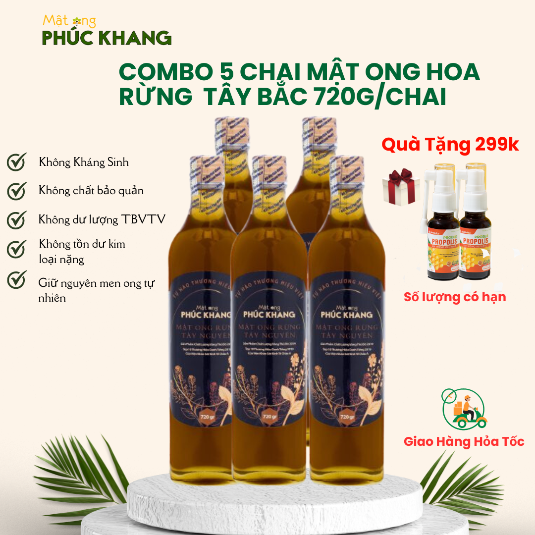 Mật Ong Phúc Khang - Combo 5 chai mật ong rừng tây nguyên Phúc Khang 720G -Mật ong nguyên chất - Thu hoạch tự nhiên - Đạt chuẩn xuất khẩu - Không nhiễm hóa chất , Kháng sinh , Kim loại nặng - An toàn cho gia đình -"