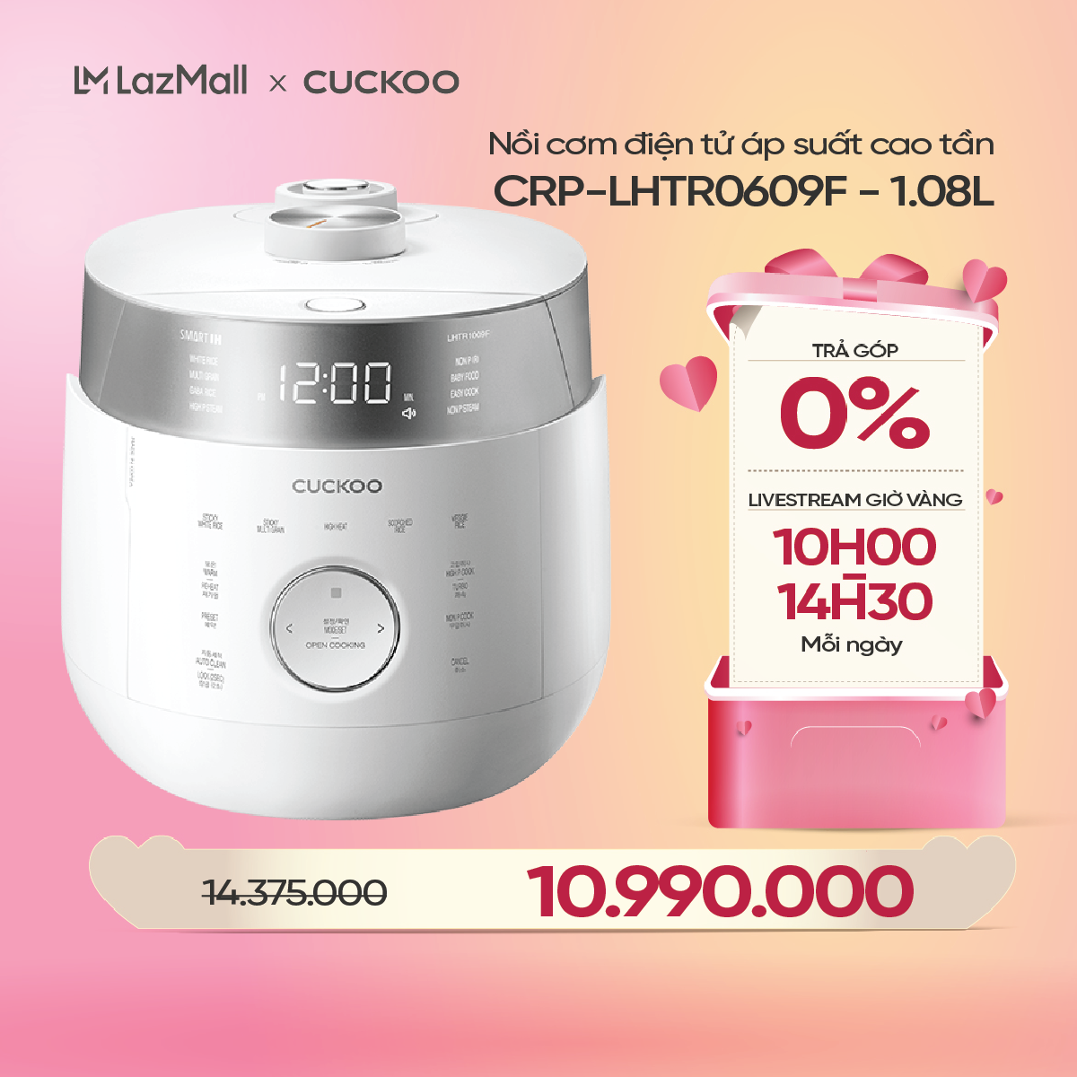 Nồi cơm điện Cuckoo 1.08 lít CRP-LHTR0609F màu trắng/đen - Áp suất kép - Nhiều chức năng nấu ăn - Sản xuất tại Hàn Quốc - Phiên bản Quốc Tế - Hàng Chính Hãng