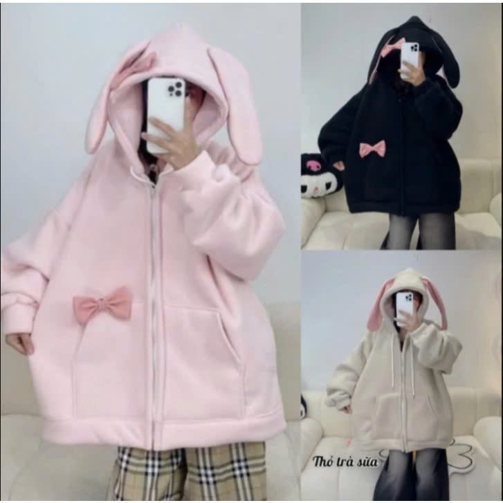 Áo Khoác Nỉ HOODIE ZIP Tai Thỏ chất nỉ form rộng unisex