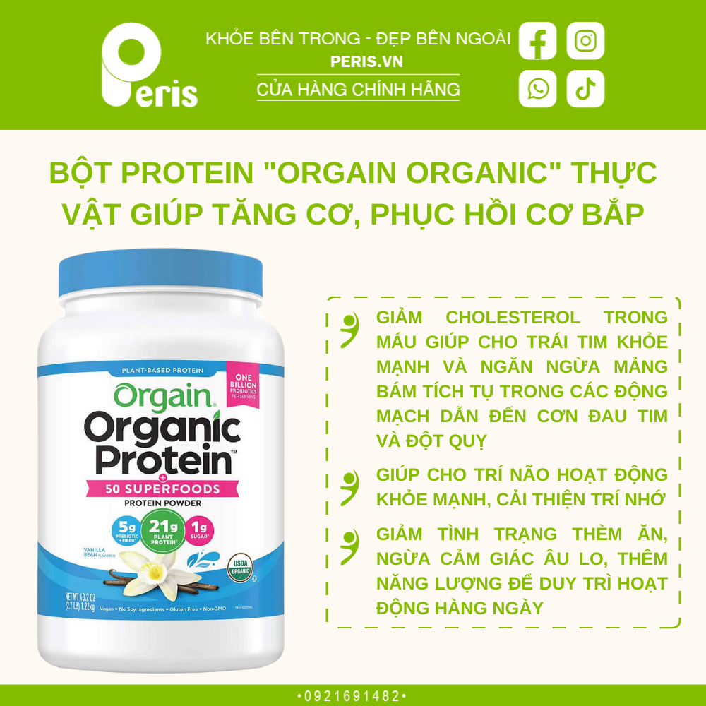 Bột protein thực vật hữu cơ Orgain Organic Protein 1.22kg giúp tăng cơ